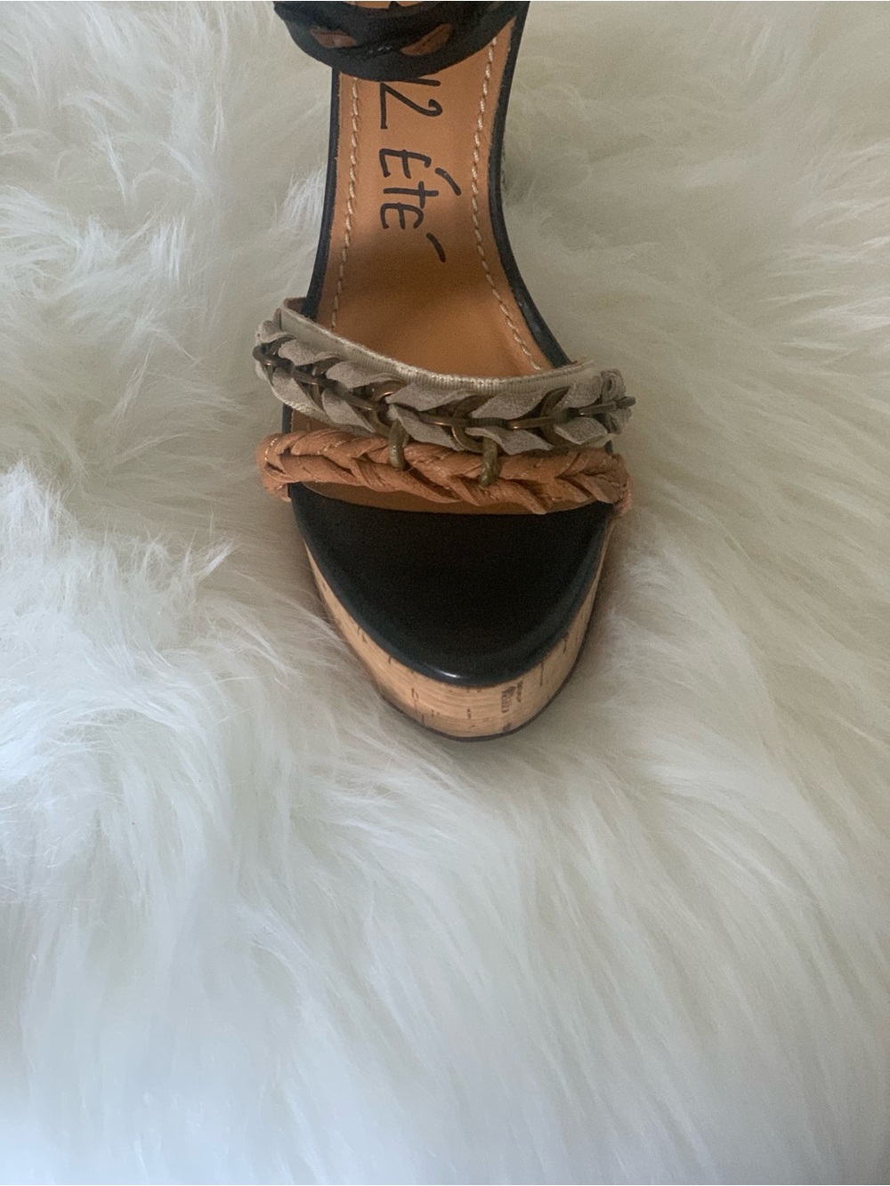 Lanvin Black, Tan & Cream Braided Cork Platform Sandals - Picture 10 of 12